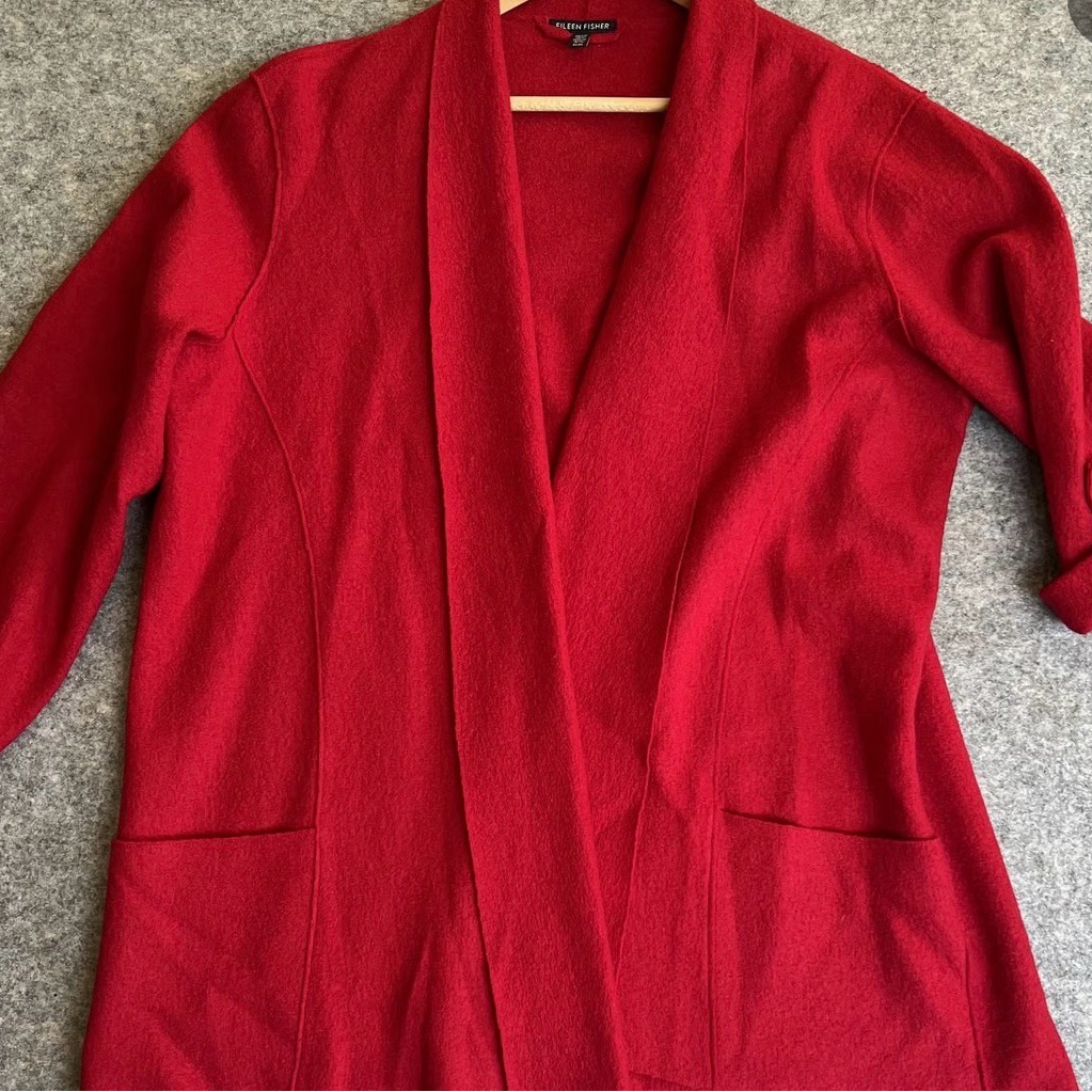 Eileen Fisher Cardigan Womens Medium Wool Open Front Pocket 3/4 Sleeve Cardigan